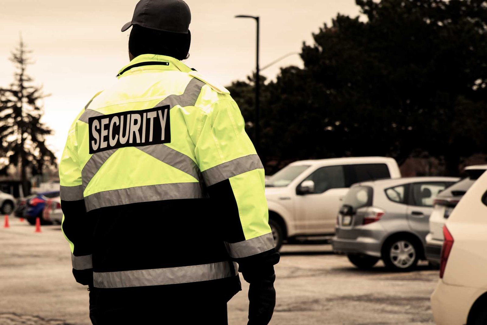 Security officer on patrol at a commercial site at dusk